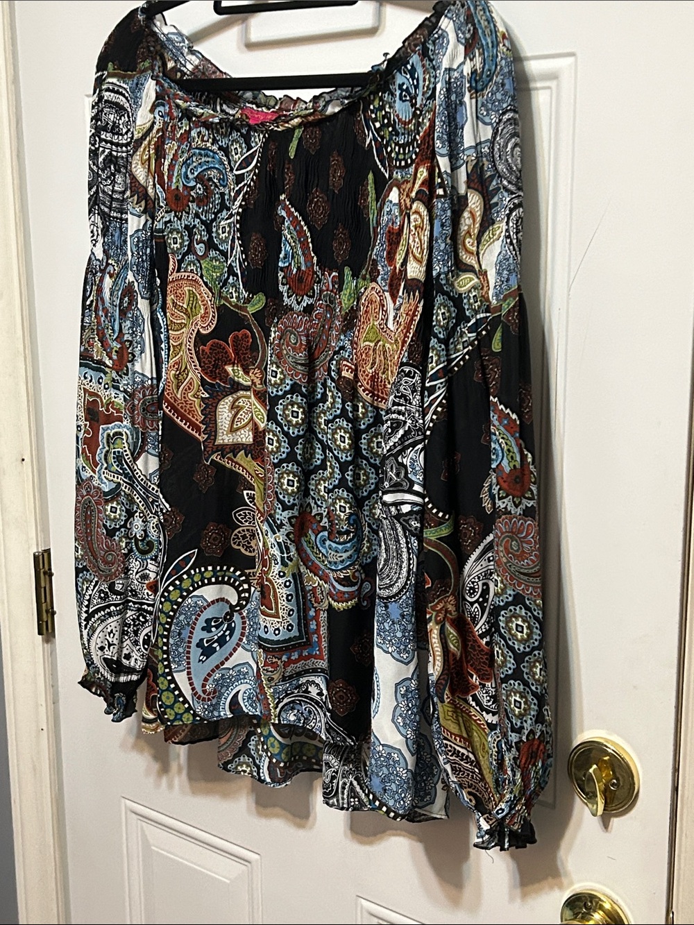Sunny Leigh Black Paisley Off-Shoulder Blouse with Multicolor Print